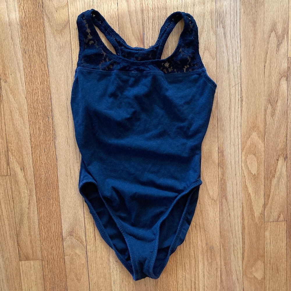 1990's Vintage Black Dance Leotard with Lace and Racerback Size Medium
